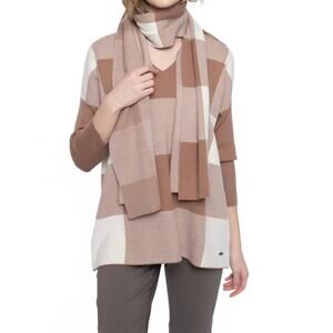 NEW PICADILLY v-neck plaid sweater with scarf in pecan